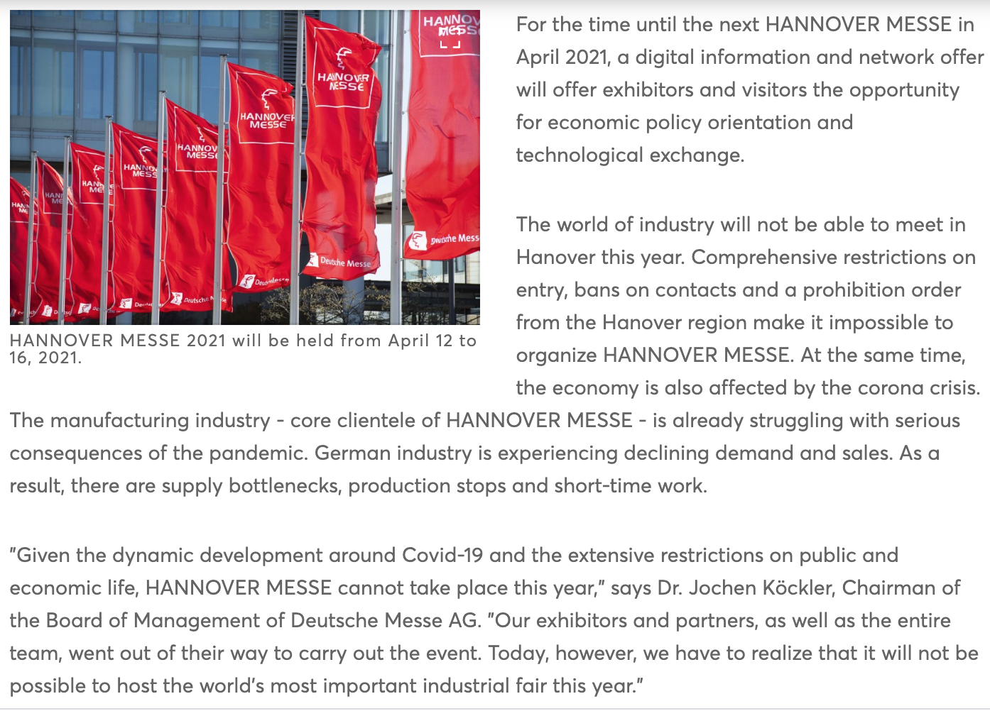 73年来首次！汉诺威工业展主办宣布取消2020年展会