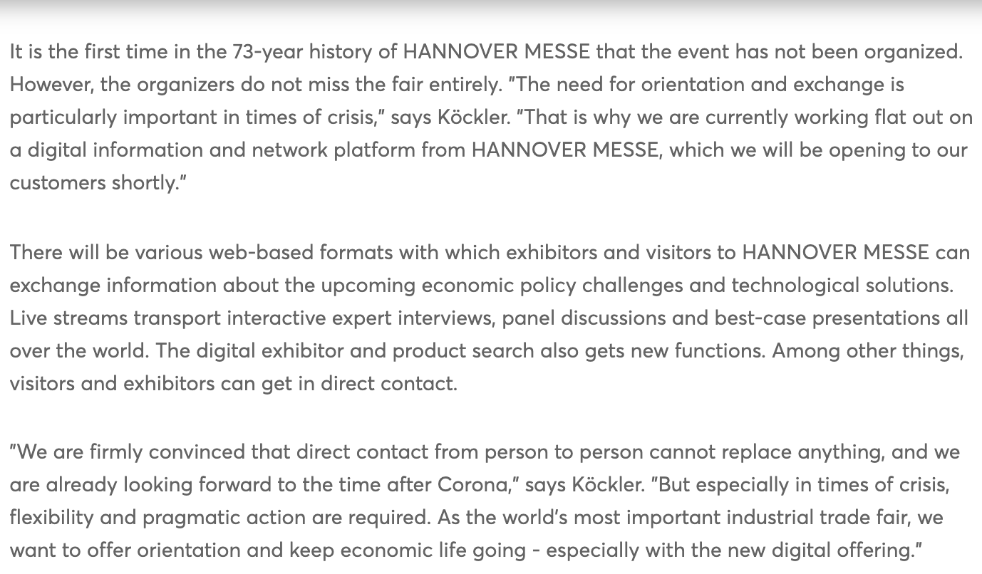 73年来首次！汉诺威工业展主办宣布取消2020年展会